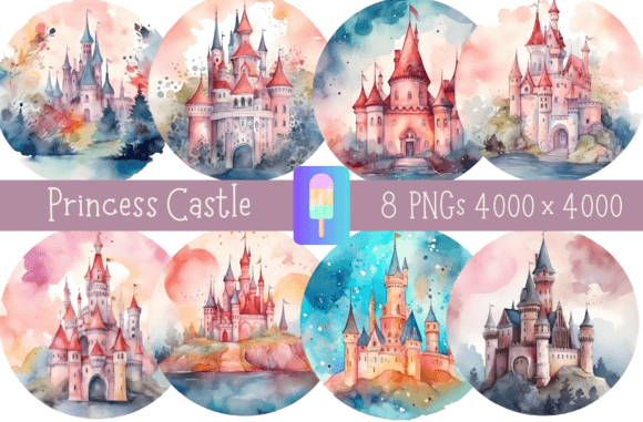 Download Watercolor Princess Castle Bundle of 8 - Premium Resources