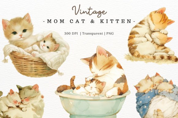 Download Mom Cat and Kitten Watercolor Clipart - Mom cat Collection